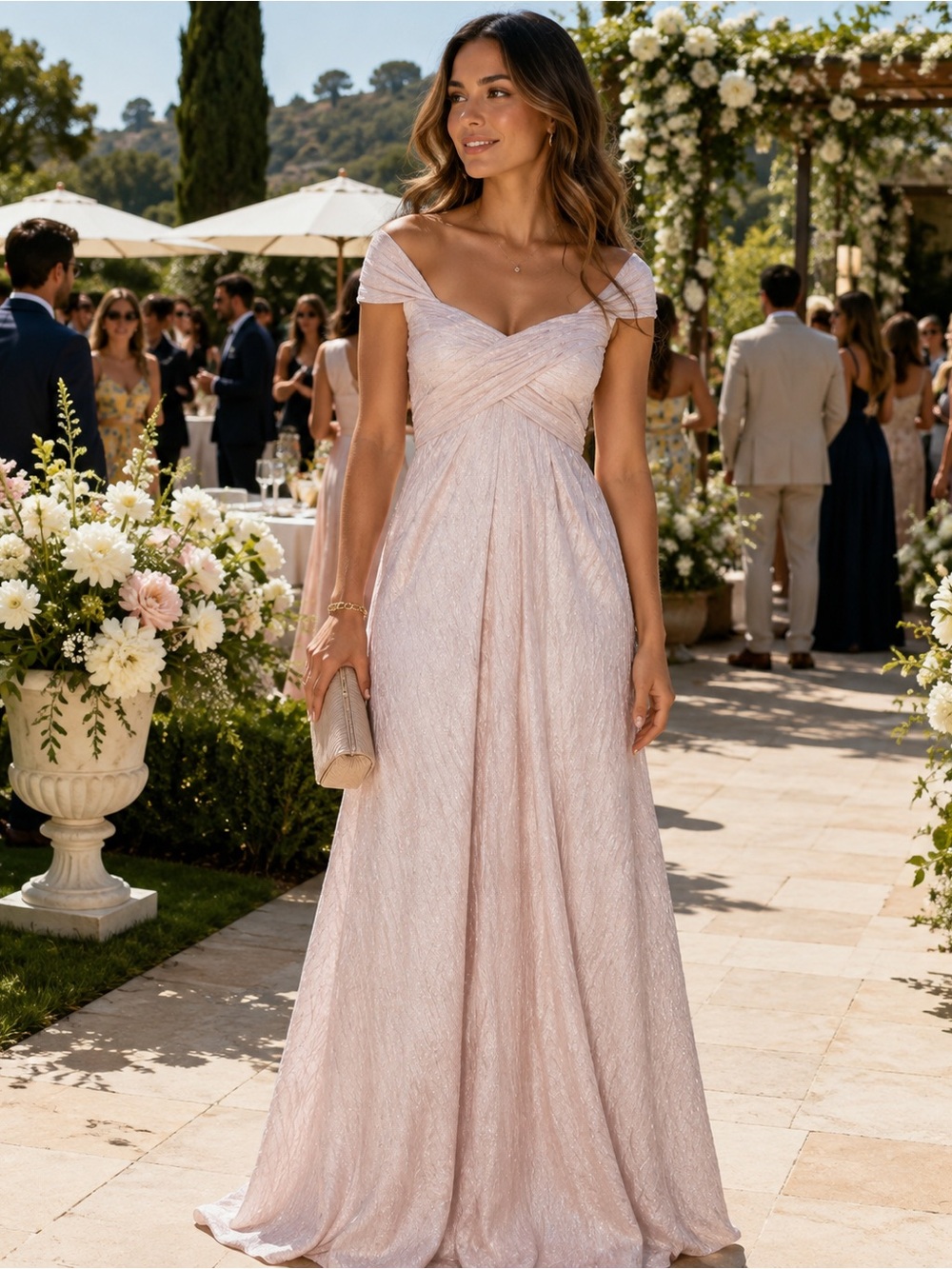 Rene Ruiz Blush Metallic Off-Shoulder Evening Gown | Black Tie Formal